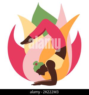 Illustrazione disegnata a mano di una donna nera afroamericana in posa yoga. Moderno design verde rosa per equilibrio armonia benessere concetto di auto aiuto. Relax esercizio fitness sport corpo Foto Stock