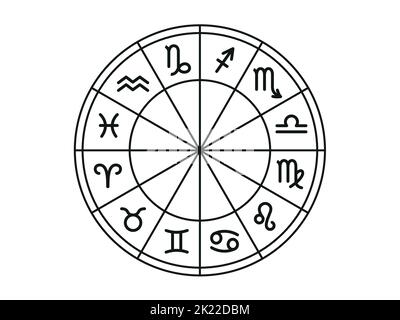 Cerchio astrologico delle icone dell'Oroscopo. Costellazioni stellari di 12 segni zodiacali. Illustrazione vettoriale dei segni astrologici neri per calendario, hor Illustrazione Vettoriale