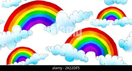 Arcobaleno colorato e nuvole senza cuciture acquerello disegnato a mano e sfondo di disegno per bambini Crayon. Divertente sfondo vivaio modello cielo. Prid. LGBTQ Foto Stock
