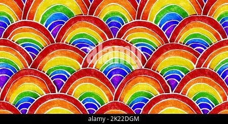 L'acquerello colorato disegnato a mano senza cuciture e l'arcobaleno di pastello scalano lo sfondo del disegno dei bambini. Allegro motivo da tappezzeria per vivaio. LGBTQ flag di orgoglio o Foto Stock