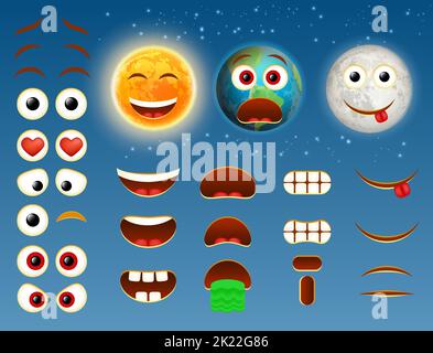 Collezione di disegno vettoriale per luna di sole terra emoji Illustrazione Vettoriale