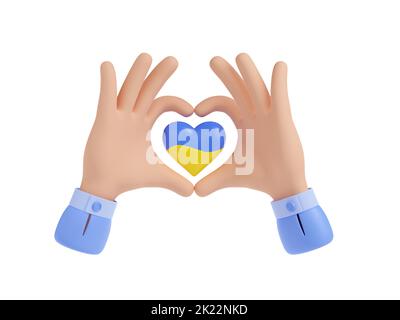 Amore mani gesto con cuore con bandiera di Ucraina. Icona con le braccia umane che fanno simbolo del cuore e bandiera Ucraina. Concetto di cura, sostegno alla pace, 3D rendering illustrazione Foto Stock