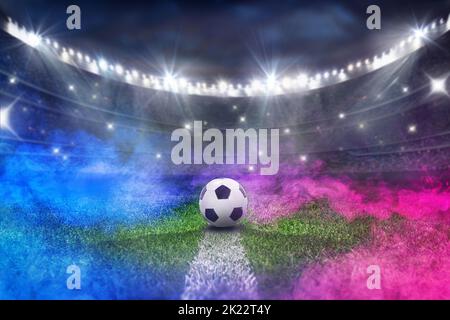 campo di calcio strutturato con nebbia al neon - centro, centrocampo Foto Stock