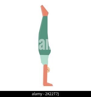 Illustrazione con isolamento vettoriale con carattere femmina piatto. Donna sportiva impara la postura di bilanciamento Adho Mukha Vrksasana alla classe di yoga. Esercizio di fitness Illustrazione Vettoriale