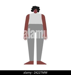 Illustrazione con isolamento vettoriale. Carattere femminile piatto con vestito sportivo. La donna afroamericana indossa leggings grigi e T-shirt per gli esercizi di yoga Illustrazione Vettoriale