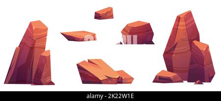 Pietre del deserto, grumi di roccia di montagna e pezzi. Materiali geologici naturali, texture per la formazione di giochi per pc ui o elementi gui isolati su sfondo bianco, illustrazione vettoriale Cartoon, set di icone Illustrazione Vettoriale
