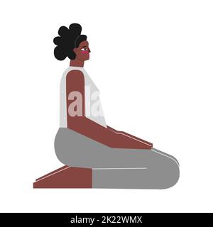 Illustrazione isolata da vettore con carattere afro-americano femmina piatto. Forte e corpo positivo donna impara postura Vajrasana a yoga classe. Fit Illustrazione Vettoriale