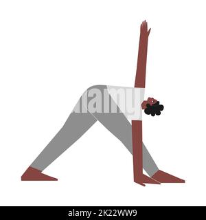 Illustrazione isolata con vettore con carattere femminile afroamericano piatto. La donna sportiva impara la postura di Twist Parivrtta Trikonasana alla lezione di yoga. Adatta Illustrazione Vettoriale