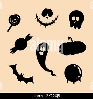 Halloween silhouettes cranio fantasma bat palla cristallo zucca caramella lollipop Illustrazione Vettoriale