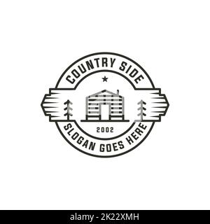 Distintivo minimalista di design per cabine di campagna, illustrazioni vettoriali per architettura tradizionale Illustrazione Vettoriale