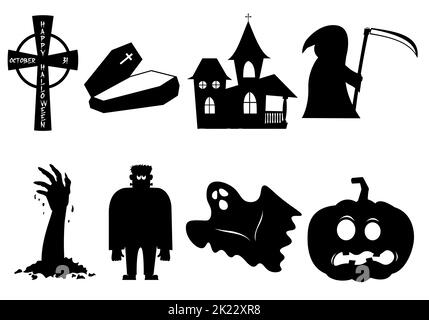 confezione di adesivi vettoriali neri di halloween sullo sfondo Illustrazione Vettoriale