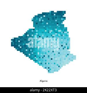 Illustrazione geometrica isolata da vettore con silhouette blu ghiaccio semplificata della mappa algerina. Stile pixel art per il modello NFT. Logo punteggiato con sfumatura Illustrazione Vettoriale