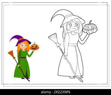 Libro da colorare per bambini, strega di cartone animato che tiene una zucca. Vettore isolato su sfondo bianco Illustrazione Vettoriale