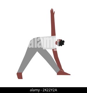 Illustrazione con isolamento vettoriale con carattere femmina piatto. La donna afroamericana sportiva apprende rinforzando la postura Utthita Trikonasana alle clas di yoga Illustrazione Vettoriale