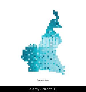 Illustrazione geometrica isolata da vettore con silhouette blu ghiaccio semplificata della mappa del Camerun. Stile pixel art per il modello NFT. Logo punteggiato con sfumature Illustrazione Vettoriale