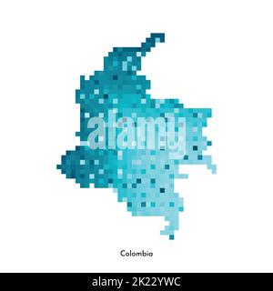 Illustrazione geometrica isolata da vettore con silhouette blu ghiaccio semplificata della mappa della Colombia. Stile pixel art per il modello NFT. Logo punteggiato con sfumature Illustrazione Vettoriale