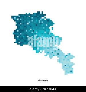 Illustrazione geometrica con isolamento vettoriale con silhouette blu ghiaccio semplificata della mappa dell'Armenia. Stile pixel art per il modello NFT. Logo punteggiato con sfumatura Illustrazione Vettoriale