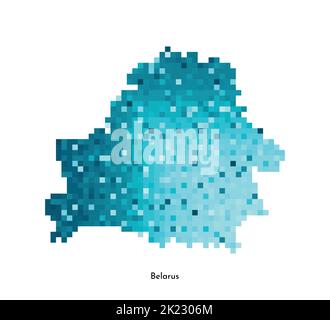 Illustrazione geometrica isolata vettoriale con silhouette blu ghiaccio semplificata della mappa bielorussa. Stile pixel art per il modello NFT. Logo punteggiato con sfumatura Illustrazione Vettoriale