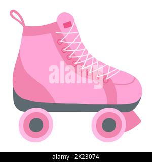 Skate a rotelle rosa in stile cartoon piatto. Illustrazione vettoriale dell'elemento classico della moda 80s 90s, adesivo a girly pop, emblema, spilla, badge, patch. Nostalg Illustrazione Vettoriale