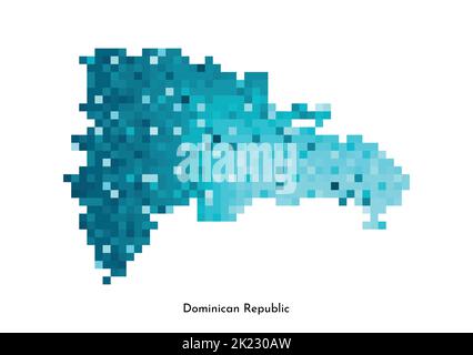 Illustrazione geometrica isolata da vettore con silhouette blu ghiaccio semplificata della mappa della Repubblica Dominicana. Stile pixel art per il modello NFT. Logo punteggiato wi Illustrazione Vettoriale