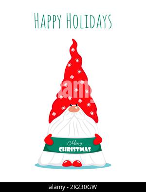 Biglietto di auguri natalizio con un simpatico gnomo bearded. Carattere delle vacanze invernali. Illustrazione vettoriale in stile piatto. Buon Natale Illustrazione Vettoriale