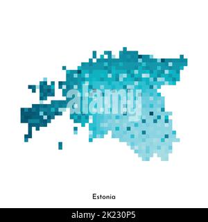 Illustrazione geometrica con isolamento vettoriale con silhouette blu ghiaccio semplificata della mappa dell'Estonia. Stile pixel art per il modello NFT. Logo punteggiato con sfumatura Illustrazione Vettoriale