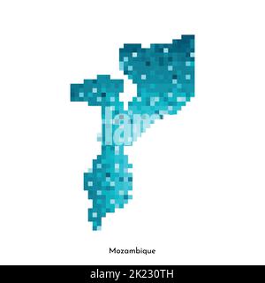 Illustrazione geometrica isolata da vettore con semplice forma blu ghiaccio della mappa del Mozambico. Stile pixel art per il modello NFT. Logo punteggiato con textu sfumato Illustrazione Vettoriale