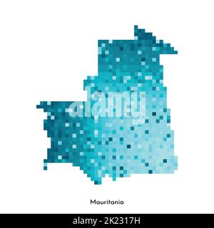 Illustrazione geometrica con isolamento vettoriale con semplice forma blu ghiaccio della mappa della Mauritania. Stile pixel art per il modello NFT. Logo punteggiato con textu sfumato Illustrazione Vettoriale