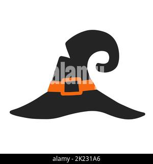 Cappello nero da strega Cartoon, mago disegnato a mano, silhouette di scarabocchio con cappuccio mago Illustrazione Vettoriale