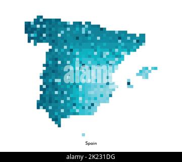 Illustrazione geometrica isolata da vettore con silhouette blu ghiaccio semplificata della mappa della Spagna. Stile pixel art per il modello NFT. Logo spagnolo punteggiato con gr Illustrazione Vettoriale