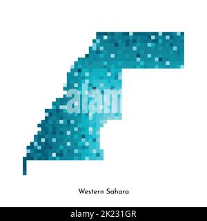 Illustrazione geometrica con isolamento vettoriale con sagoma blu ghiaccio semplificata della mappa del SAHARA occidentale. Stile pixel art per il modello NFT. Logo punteggiato Illustrazione Vettoriale