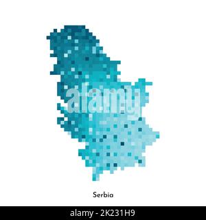 Illustrazione geometrica con isolamento vettoriale con semplice forma blu ghiaccio della mappa della Serbia. Stile pixel art per il modello NFT. Logo punteggiato con texture sfumata f Illustrazione Vettoriale