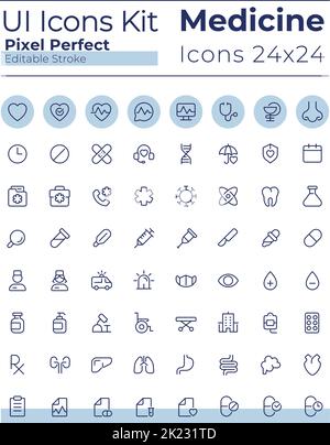 Set di icone dell'interfaccia utente pixel Perfect Linear correlate alla medicina Illustrazione Vettoriale