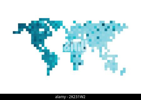 Illustrazione geometrica isolata da vettori con sagoma blu ghiaccio semplificata della mappa del mondo. Stile pixel art per il modello NFT. Logo punteggiato con sfumatura t Illustrazione Vettoriale