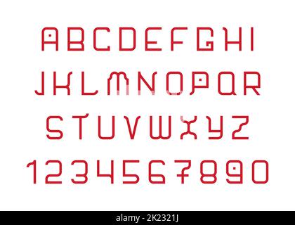 Raccolta isolata da vettori di alfabeto e numeri inglesi. Le lettere rosse sono in stile cinese e giapponese. Carattere semplice con forma geometrica in pixel Illustrazione Vettoriale