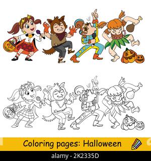 I bambini carini in costumi di Halloween ballare. Concetto di Halloween. Pagina di libro da colorare e modello a colori per bambini. Illustrazione del cartoon vettoriale. Per stampa, arredamento, Illustrazione Vettoriale