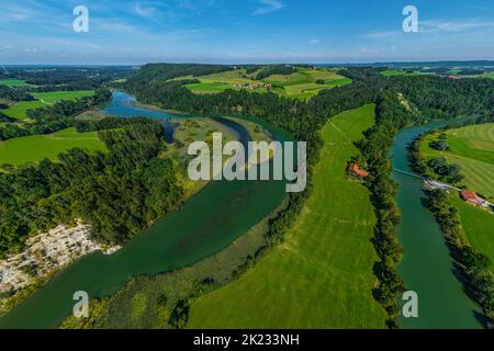 Vista aerea della spettacolare Iller break attraverso vicino Altusried in bavarian Allgaeu Foto Stock