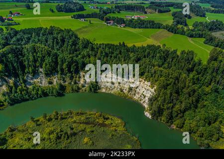 Vista aerea della spettacolare Iller break attraverso vicino Altusried in bavarian Allgaeu Foto Stock