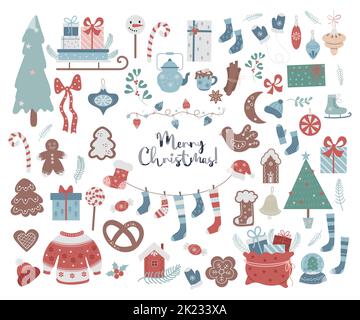 Grande set di Natale. Decorazioni di Capodanno, simboli tradizionali e pan di zenzero, slitta con regali e decorazioni per alberi di Natale, calze e pattini a maglia, g Illustrazione Vettoriale