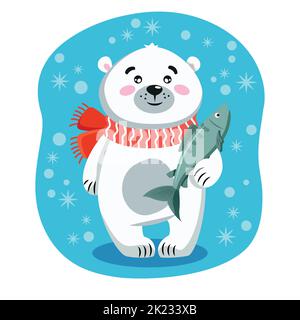 cartone animato, grazioso orso polare su uno sfondo blu. Flashcards per i bambini per imparare Illustrazione Vettoriale