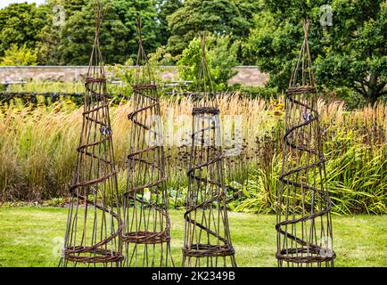 Obelischi di salice intessuto in giardino formale, giardino murato di Amisfield, Lothian orientale, Scozia, Regno Unito Foto Stock