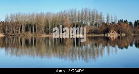 Vista panoramica sugli alberi di abete rosso e sulla capanna di tronchi accanto al lago in inverno. Cielo blu e un chiaro riflesso nell'acqua Foto Stock