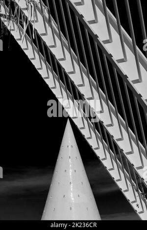 Ascensore a cono cilindrico alla fine dei giardini Umbracle a Città delle Arti e delle Scienze a Valencia, Spagna nel mese di settembre - bianco e nero Foto Stock