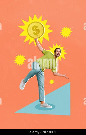 Immagine collage verticale di danza tipo positivo hanno buon umore dipinto moneta isolato su sfondo creativo Foto Stock