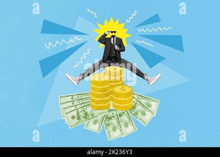 Foto creativa collage illustrazione di bianco nero senza testa tizio che si trova su monete dollaro banconote tenere sole sole invece di testa Foto Stock