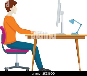 Uomo che lavora alla scrivania con vista laterale. Icona lavoro ufficio Illustrazione Vettoriale