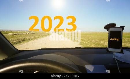 Buon 2023° anniversario. Transizione dal 2022 al nuovo anno 2023 testo a distanza. Foto ad alta risoluzione per grandi display, stampe, striscioni. Foto Stock