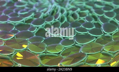 3D rappresentazione di un gruppo di scale o di fettine verdi e dorate che creano un disegno naturale multicolore; una forma di arte astratta geometrica Foto Stock