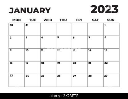 Gennaio 2023 Bianco e nero Lunedi iniziare paesaggistico mensile Planner Foto Stock