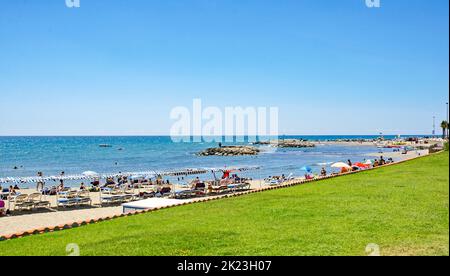 Panorámica de la playa de Sitges, Barcellona, Catalunya, España, Europa Foto Stock